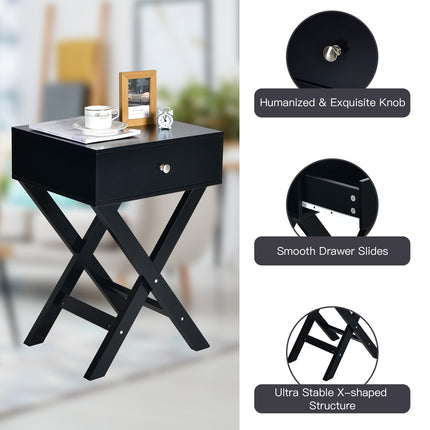 Table de chevet avec tiroir, structure en MDF en forme de X, noire