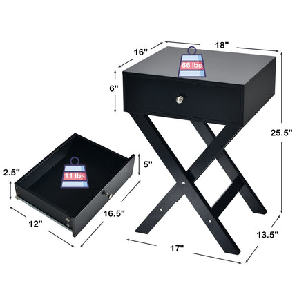 Table de chevet avec tiroir, structure en MDF en forme de X, noire