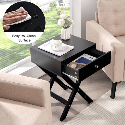 Table de chevet avec tiroir, structure en MDF en forme de X, noire