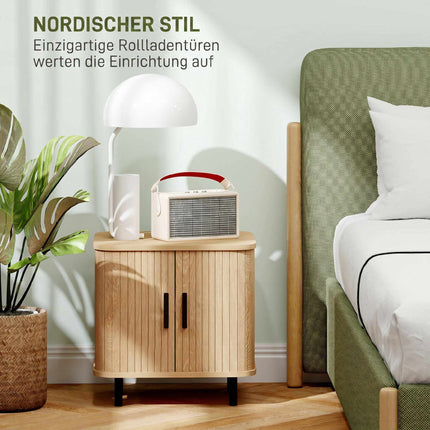 Nachttisch mit geschlossenen Lamellentüren, Stahlbeinen, Eiche