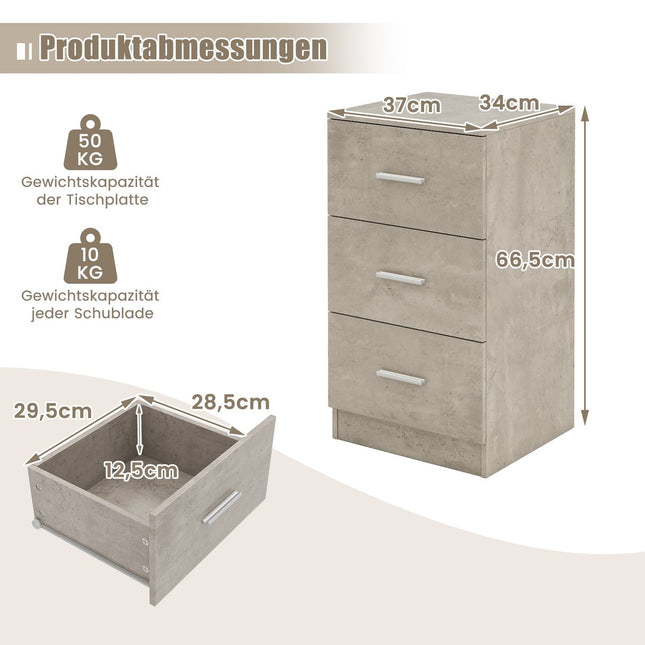 Nachttisch mit 3 Schubladen, Hochglanz, 37x34x66,5 cm, Zementgrau