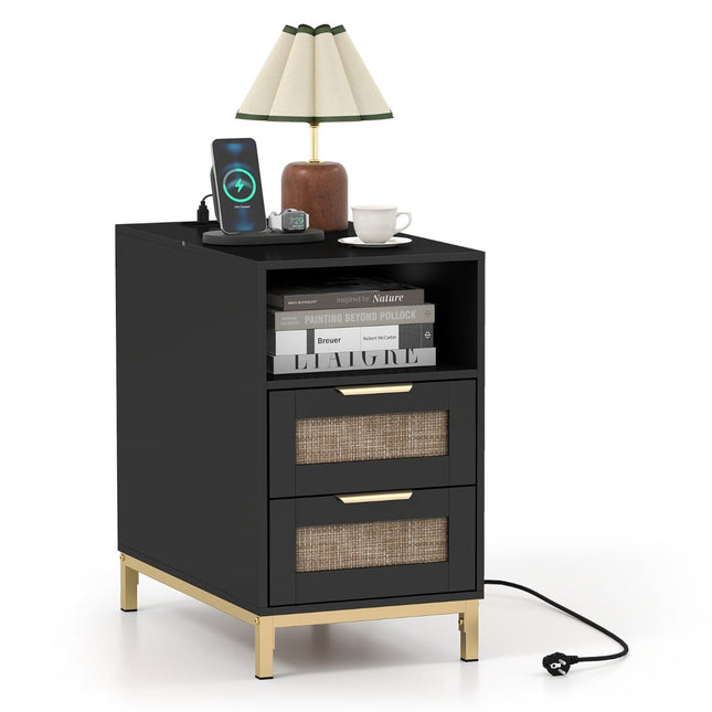 Table de chevet avec station de recharge, 2 tiroirs, rotin et bois