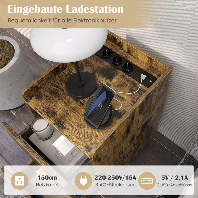 Table de chevet avec station de charge, 2 tiroirs, ports USB, 40 x 32 x 60 cm