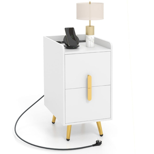 Table de chevet avec station de charge, 2 tiroirs, ports USB, blanc