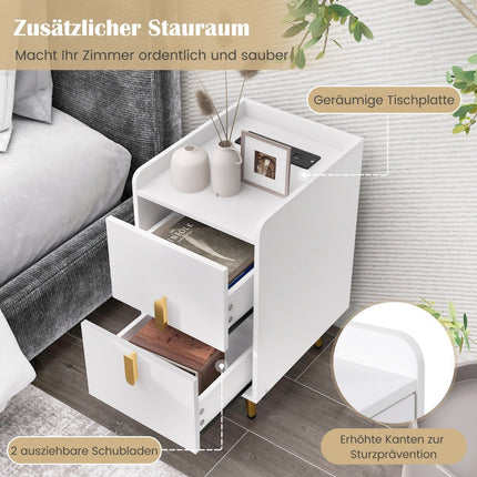 Table de chevet avec station de charge, 2 tiroirs, ports USB, blanc