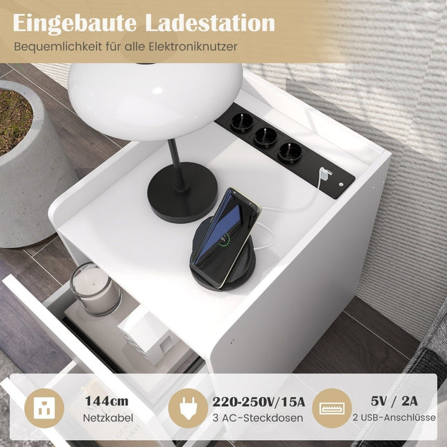 Table de chevet avec station de charge, 2 tiroirs, ports USB, blanc