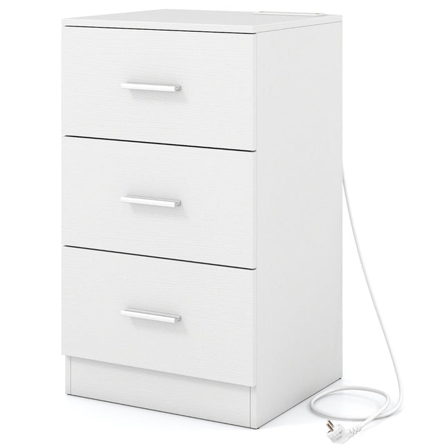 Table de chevet avec station de charge, 3 tiroirs, blanche, 38 x 35 x 66 cm