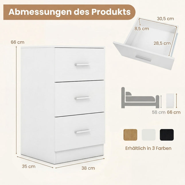 Table de chevet avec station de charge, 3 tiroirs, blanche, 38 x 35 x 66 cm