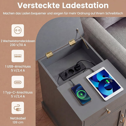 Nachttisch mit Ladestation, verstellbarem Regal, graues Holz