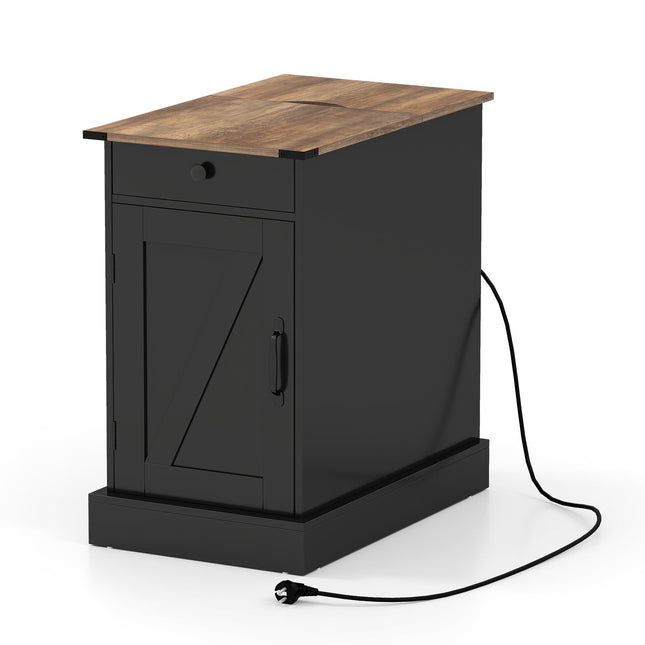 Table de chevet avec station de recharge, tiroir et plateau rabattable, noire
