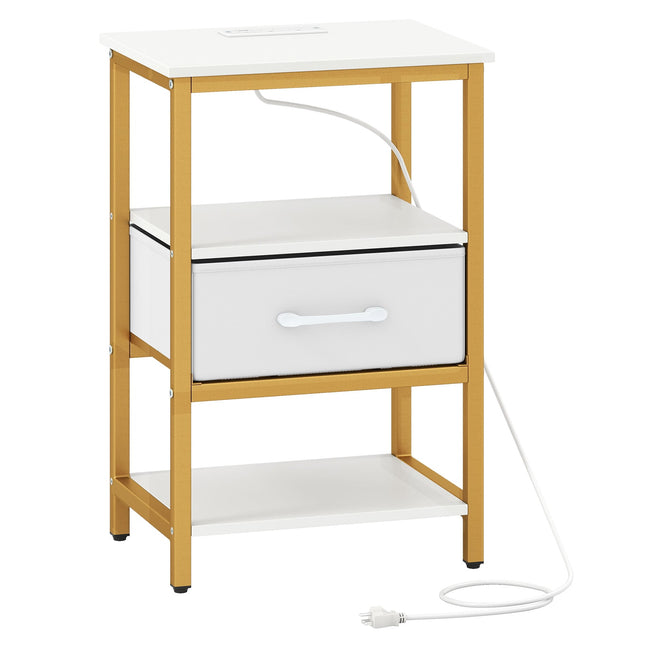 Table de chevet avec station de recharge, tiroir en tissu, étagères ouvertes