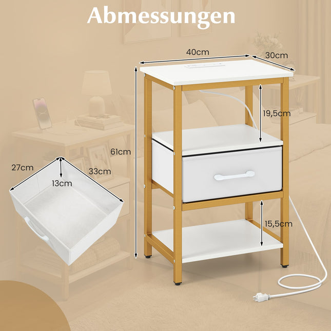 Table de chevet avec station de recharge, tiroir en tissu, étagères ouvertes
