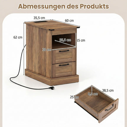 Nachttisch mit Ladestation, offenem Fach & 2 Schubladen