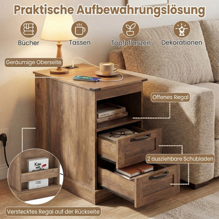 Nachttisch mit Ladestation, offenem Fach & 2 Schubladen