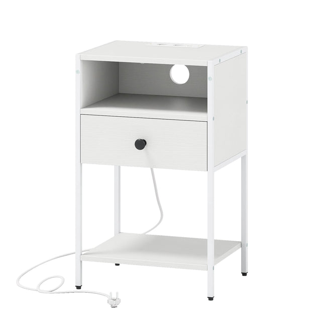 Table de chevet avec station de recharge intégrée - Blanche, compacte, style industriel