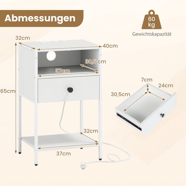 Table de chevet avec station de recharge intégrée - Blanche, compacte, style industriel