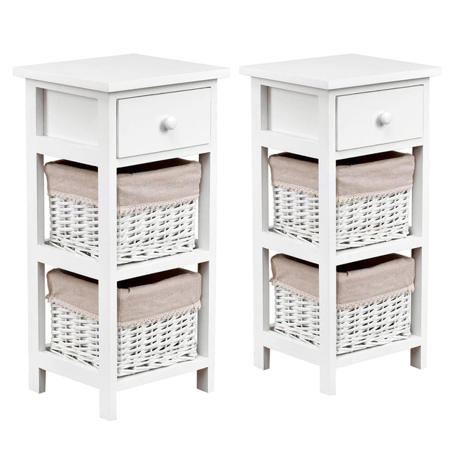 Table de chevet avec tiroir et 2 paniers de rangement, blanche