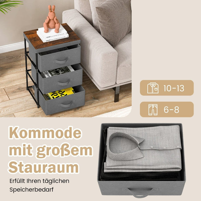 Table de chevet avec tiroirs en tissu, structure en métal, lot de 2, grise