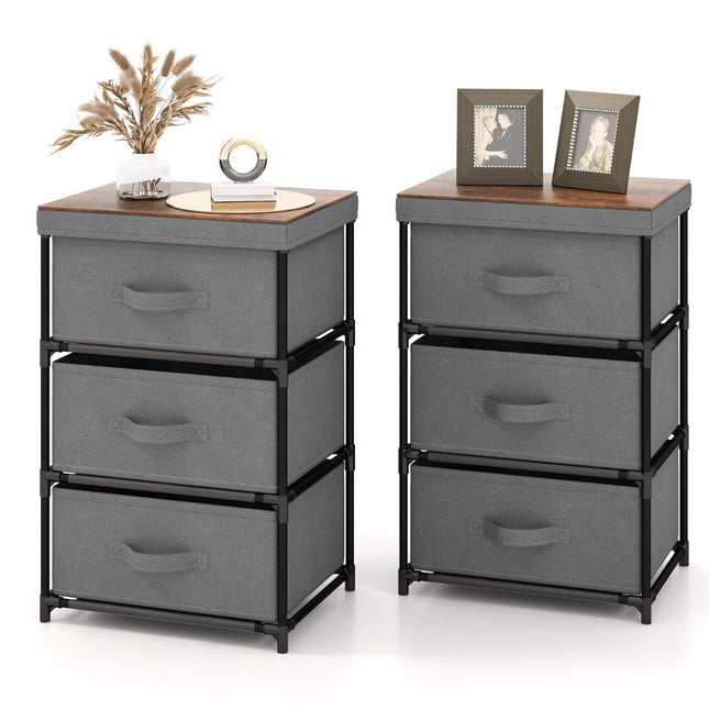 Table de chevet avec tiroirs en tissu, structure en métal, lot de 2, grise