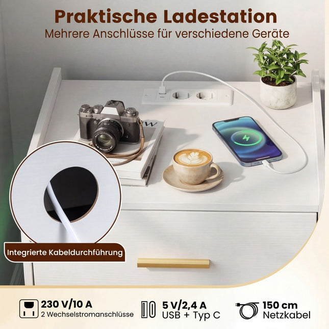 Table de chevet avec éclairage LED et station de recharge, 2 tiroirs