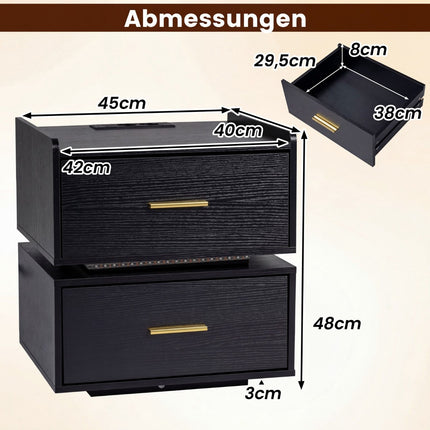 Nachttisch mit LED-Beleuchtung und Ladestation, 2 Schubladen