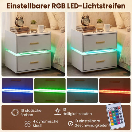 Nachttisch mit LED-Beleuchtung und Ladestation, 2 Schubladen