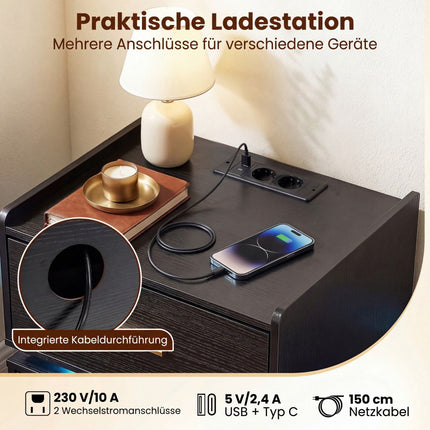 Nachttisch mit LED-Beleuchtung und Ladestation, 2 Schubladen