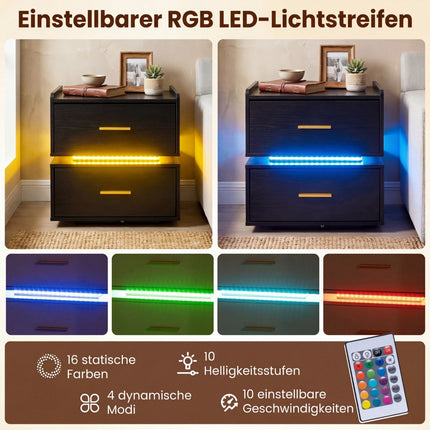 Nachttisch mit LED-Beleuchtung und Ladestation, 2 Schubladen