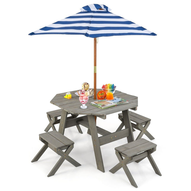 Set de table octogonal en bois avec 4 chaises et 4 chaises. Table de pique-nique parasol réglable en hauteur gris