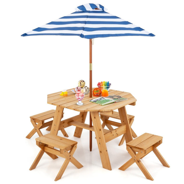 Set de table octogonal en bois avec 4 chaises et 4 chaises. Table de pique-nique parasol réglable en hauteur naturel