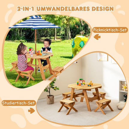 Set de table octogonal en bois avec 4 chaises et 4 chaises. Table de pique-nique parasol réglable en hauteur naturel
