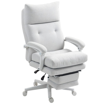 Chaise de bureau ergonomique avec support lombaire, dossier haut, repose-pieds, chaise pivotante réglable en hauteur avec aspect lin, chaise d'ordinateur rembourrée, blanc crème