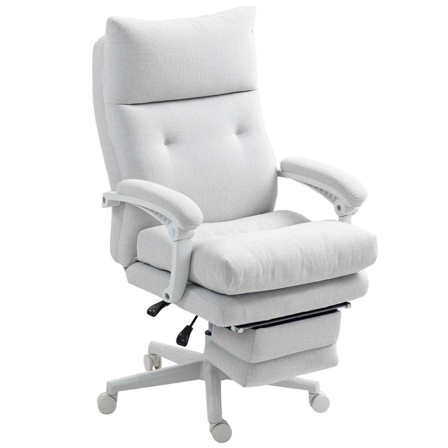 Chaise de bureau ergonomique avec support lombaire, dossier haut, repose-pieds, chaise pivotante réglable en hauteur avec aspect lin, chaise d'ordinateur rembourrée, blanc crème