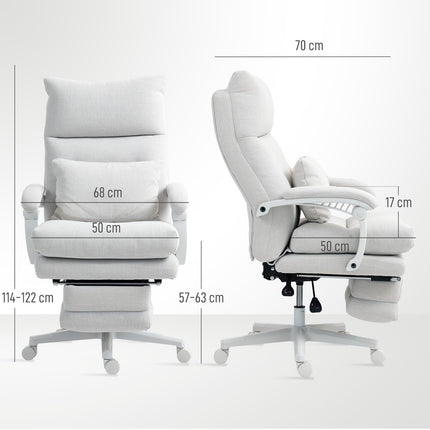 Chaise de bureau ergonomique avec support lombaire, dossier haut, repose-pieds, chaise pivotante réglable en hauteur avec aspect lin, chaise d'ordinateur rembourrée, blanc crème