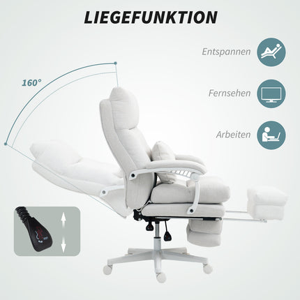 Chaise de bureau ergonomique avec support lombaire, dossier haut, repose-pieds, chaise pivotante réglable en hauteur avec aspect lin, chaise d'ordinateur rembourrée, blanc crème