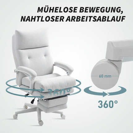 Chaise de bureau ergonomique avec support lombaire, dossier haut, repose-pieds, chaise pivotante réglable en hauteur avec aspect lin, chaise d'ordinateur rembourrée, blanc crème