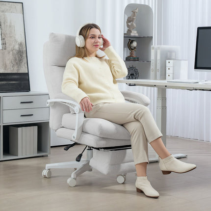 Chaise de bureau ergonomique avec support lombaire, dossier haut, repose-pieds, chaise pivotante réglable en hauteur avec aspect lin, chaise d'ordinateur rembourrée, blanc crème