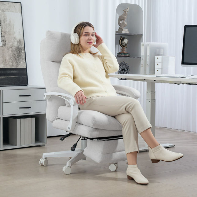 Chaise de bureau ergonomique avec support lombaire, dossier haut, repose-pieds, chaise pivotante réglable en hauteur avec aspect lin, chaise d'ordinateur rembourrée, blanc crème