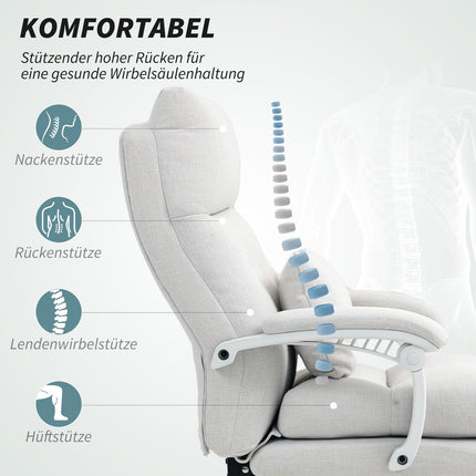 Chaise de bureau ergonomique avec support lombaire, dossier haut, repose-pieds, chaise pivotante réglable en hauteur avec aspect lin, chaise d'ordinateur rembourrée, blanc crème