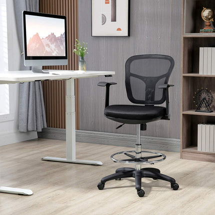 Ergonomischer Bürostuhl aus Netzstoff, schwarz – verstellbare Armlehne und Fußstütze
