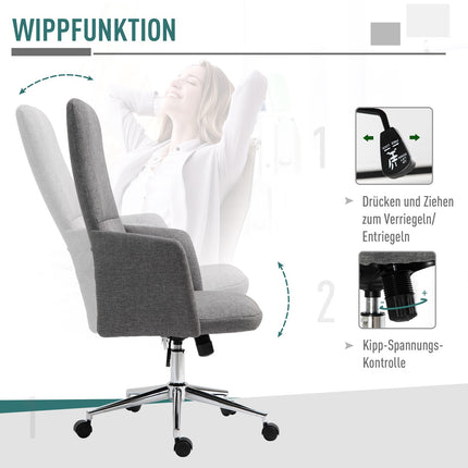 Chaise De Bureau Chaise Pivotante Avec Fonction Berçante, Accoudoir, Réglable En Hauteur, Ergonomique, Lin Artificiel, Métal, Gris, 61X67X112,5-120,5Cm