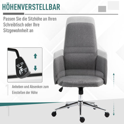 Chaise De Bureau Chaise Pivotante Avec Fonction Berçante, Accoudoir, Réglable En Hauteur, Ergonomique, Lin Artificiel, Métal, Gris, 61X67X112,5-120,5Cm