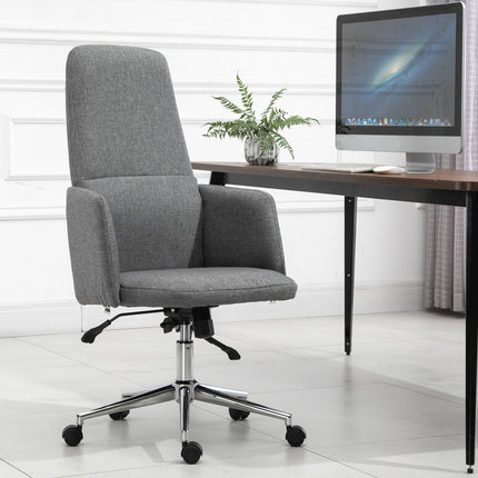 Chaise De Bureau Chaise Pivotante Avec Fonction Berçante, Accoudoir, Réglable En Hauteur, Ergonomique, Lin Artificiel, Métal, Gris, 61X67X112,5-120,5Cm