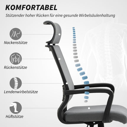 Bürostuhl mit verstellbarer Höhe, Rollen, Armlehnen, Grau