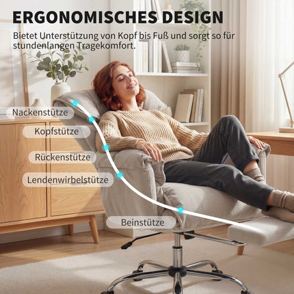 Fauteuil de bureau avec repose-pieds, inclinaison réglable, velours gris