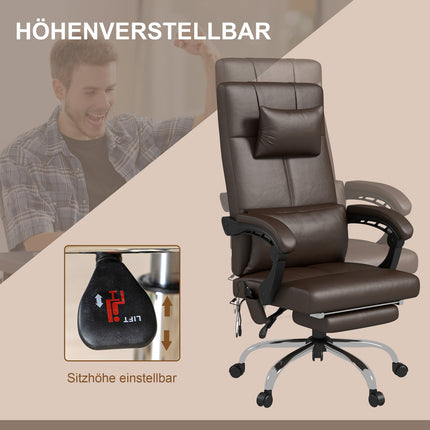 Bürostuhl mit Massagefunktion, ergonomischer Schreibtischstuhl mit Liegefunktion, Kopfstütze, höhenverstellbar, braun