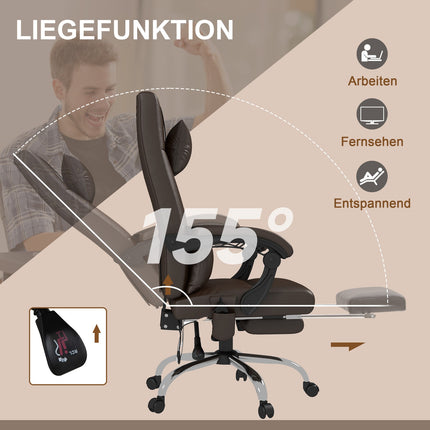 Bürostuhl mit Massagefunktion, ergonomischer Schreibtischstuhl mit Liegefunktion, Kopfstütze, höhenverstellbar, braun