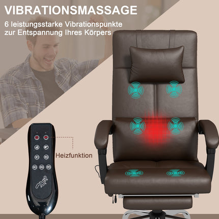 Bürostuhl mit Massagefunktion, ergonomischer Schreibtischstuhl mit Liegefunktion, Kopfstütze, höhenverstellbar, braun