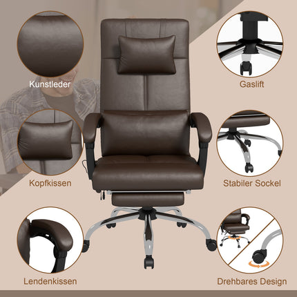 Bürostuhl mit Massagefunktion, ergonomischer Schreibtischstuhl mit Liegefunktion, Kopfstütze, höhenverstellbar, braun