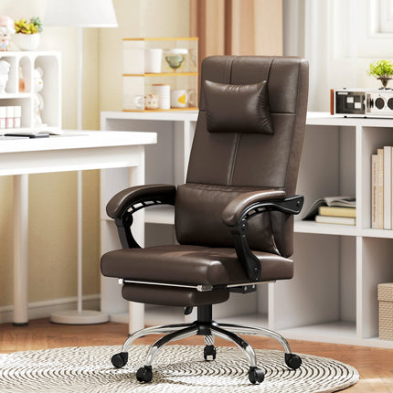 Bürostuhl mit Massagefunktion, ergonomischer Schreibtischstuhl mit Liegefunktion, Kopfstütze, höhenverstellbar, braun